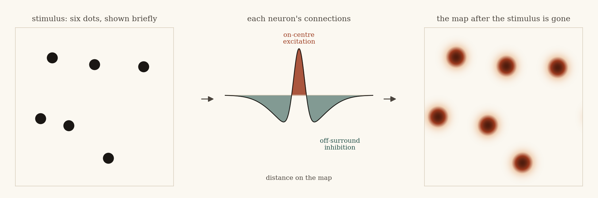 A six-dot stimulus, the on-centre off-surround connection profile, and the network map holding six bumps after the stimulus is gone.